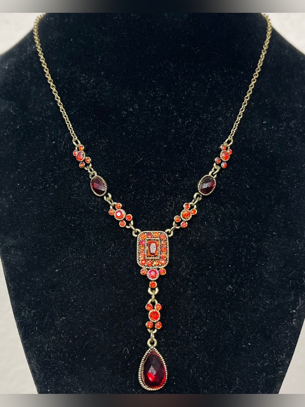 Vintage Gold-Tone Red Crystal Drop Necklace